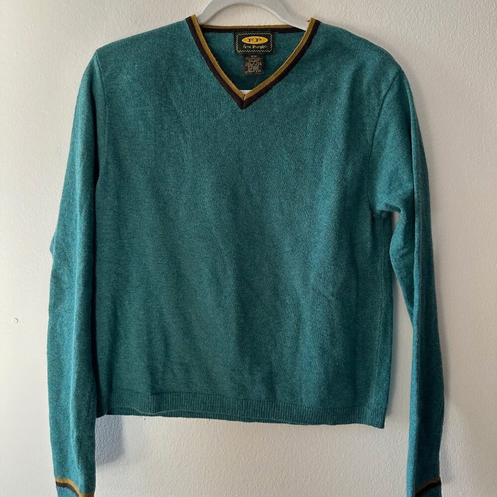 Early 90s Vintage Free People Lambswool Sweater - Teal w/ Striping - Size Med